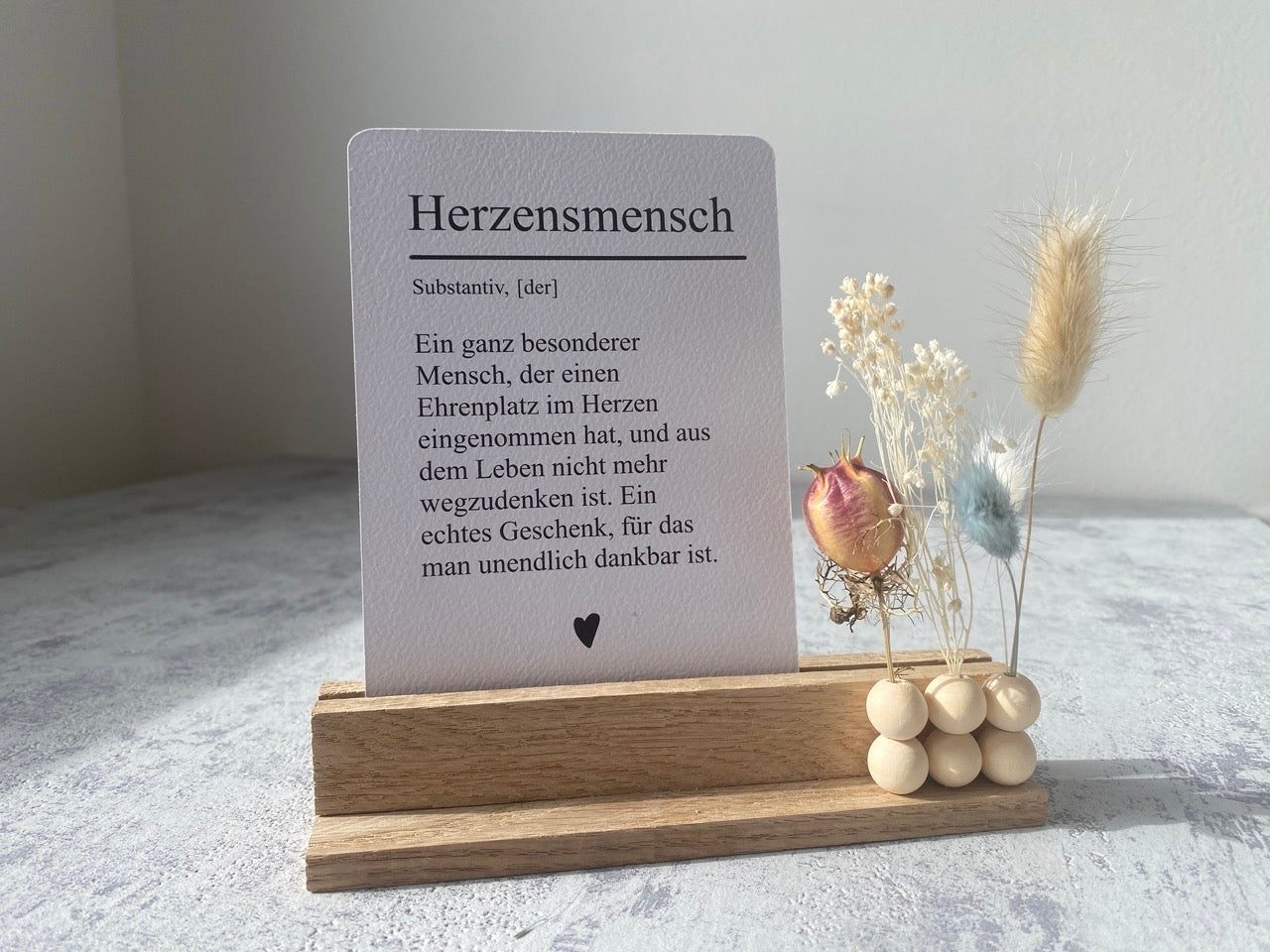Kartenhalter mit Karte und Trockenblumen | Herzensmensch | Flowerboard