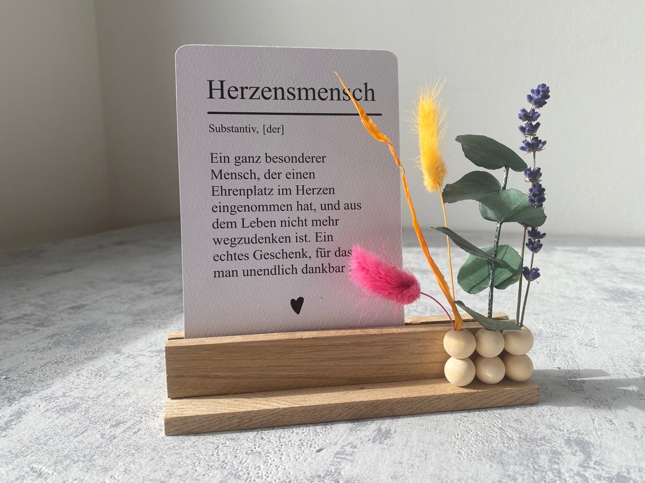 Kartenhalter mit Karte und Trockenblumen | Herzensmensch | Flowerboard