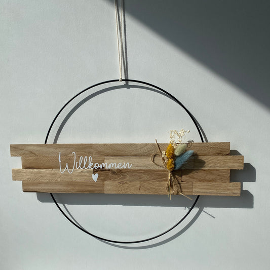 Loop | Willkommen | Tür- Wanddekoration | Metallring 30 cm | Trockenblumen |