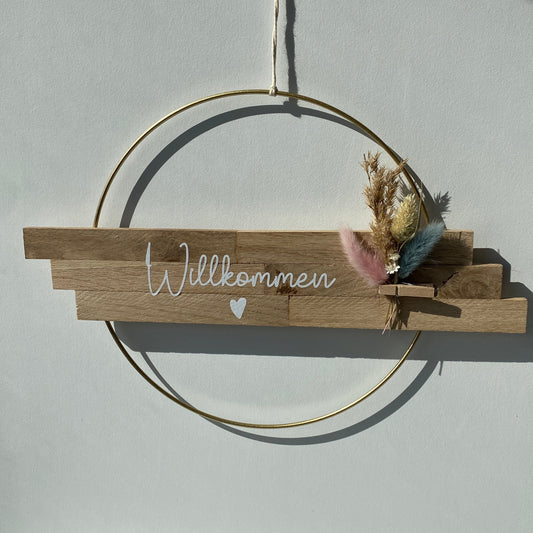 Loop | Willkommen | Tür- Wanddekoration | Metallring 25 cm | Trockenblumen |